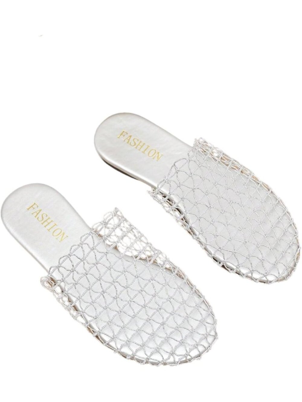 Women's Silver Summer Fishnet Mesh Through Hollow Out Slip On Slides Flat Sandal